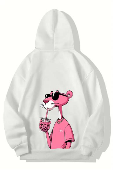 BRZ Collection Unisex Oversize Pembe Panter Hoodie (BEYAZ)