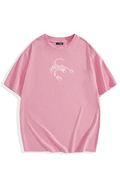 BRZ Collection Unisex Oversize Pembe Scorpion Kristal Taş Baskılı T-shirt