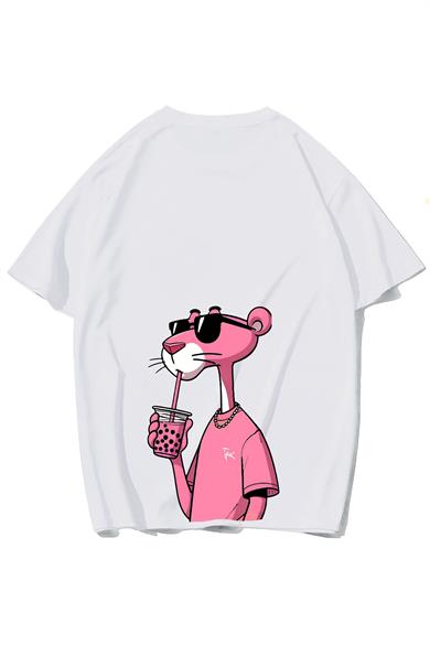BRZ Collection Unisex Oversize Pink Panther Pembe Panter T-shirt Beyaz
