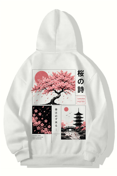 BRZ Collection Unisex Oversize Poetry Sakura HOODIE (BEYAZ)