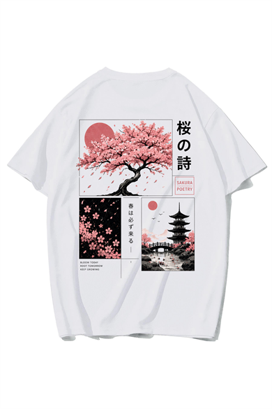BRZ Collection Unisex Oversize Poetry Sakura T-shirt (BEYAZ)