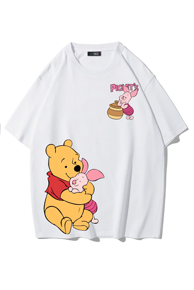 BRZ Collection Unisex Oversize Pooh & Piglet T-shirt (BEYAZ)