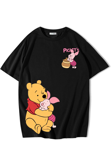 BRZ Collection Unisex Oversize Pooh & Piglet T-shirt Siyah