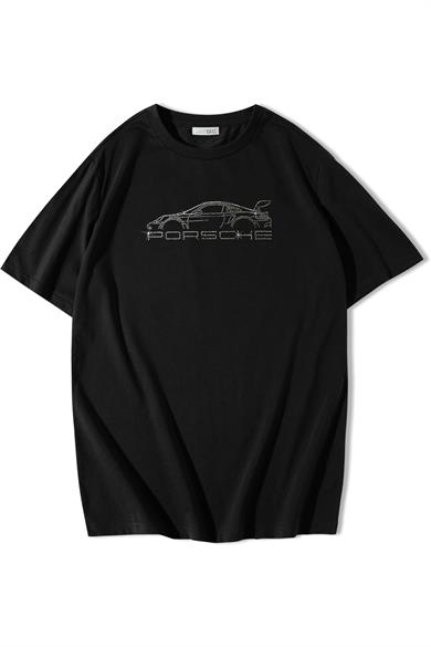 BRZ Collection Unisex Oversize Porsche Kristal Taş Baskılı T-shirt