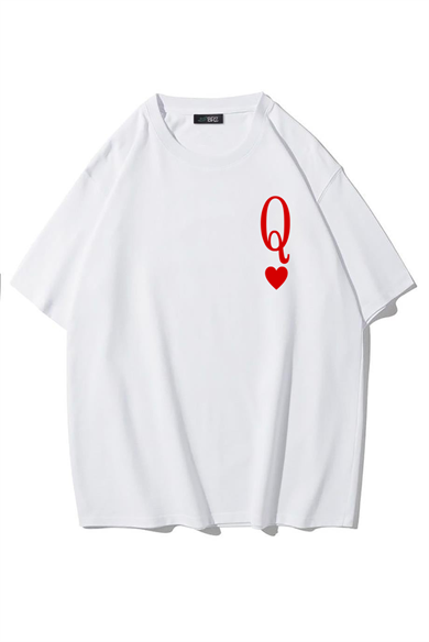 BRZ Collection Unisex Oversize Queen of Hearts Iskambil Kızı Q T-shirt (BEYAZ)