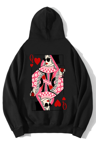 BRZ Collection Unisex Oversize Queen of Hearts Iskambil Kızı Q HOODIE Siyah