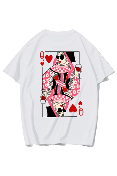 BRZ Collection Unisex Oversize Queen of Hearts Iskambil Kızı Q T-shirt (BEYAZ)