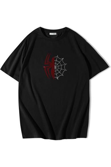 BRZ Collection Unisex Oversize Renkli Spider Kristal Taş Baskılı T-shirt