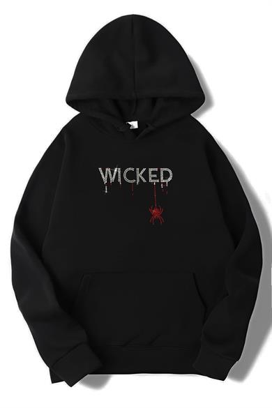 BRZ Collection Unisex Oversize Renkli Spider WICKED Kristal Taş Baskılı Hoodie