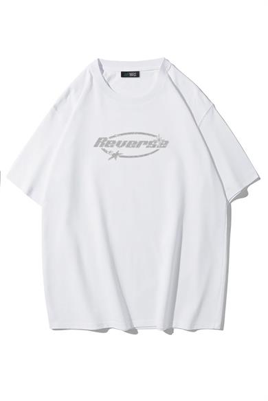 BRZ Collection Unisex Oversize Reverse Kristal Taş Baskılı T-shirt Beyaz