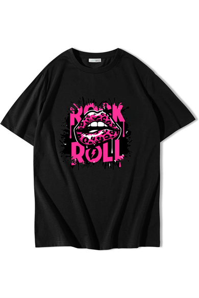 BRZ Collection Unisex Oversize Rockn Roll Lips T-shirt Siyah