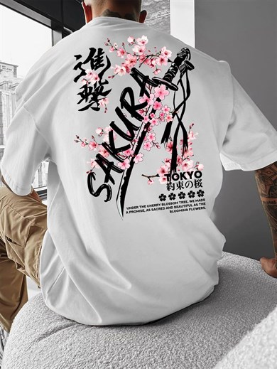 BRZ Collection Unisex Oversize Sakura Tokyo T-shirt (BEYAZ)