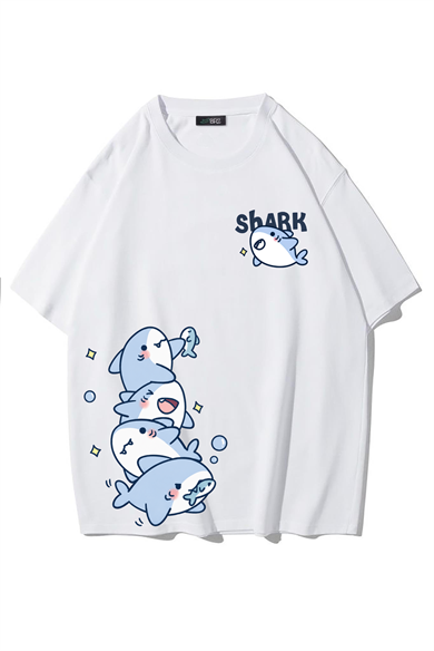 BRZ Collection Unisex Oversize Shark T-shirt (BEYAZ)