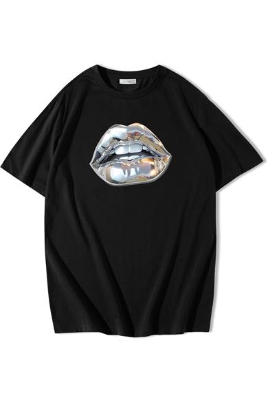 BRZ Collection Unisex Oversize Silver Lip Gümüş Dudak T-shirt Siyah