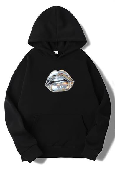 BRZ Collection Unisex Oversize Silver Lip Gümüş Dudak Hoodie Siyah