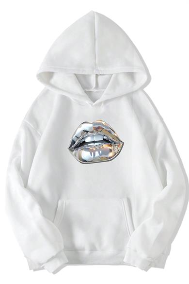 BRZ Collection Unisex Oversize Silver Lip Gümüş Dudak Hoodie (BEYAZ)
