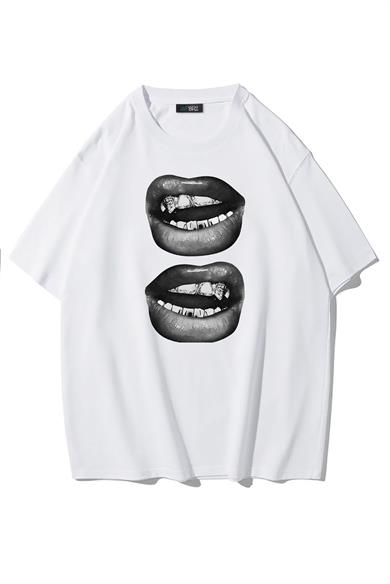 BRZ Collection Unisex Oversize Siyah Beyaz Diş Baskılı T-shirt Beyaz