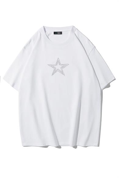 BRZ Collection Unisex Oversize Star Kristal Taş Baskılı T-shirt Beyaz