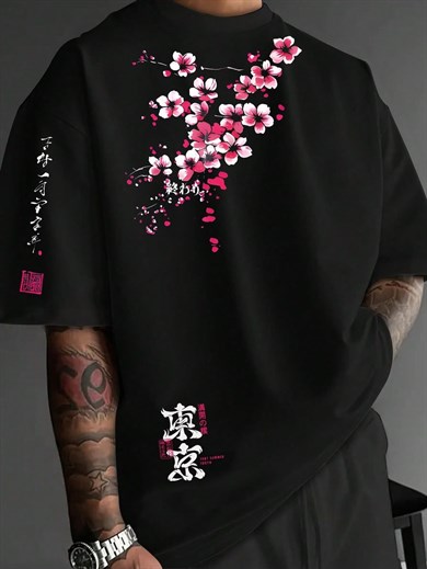 BRZ Collection Unisex Oversize Summer Tokyo Sakura T-shirt Siyah