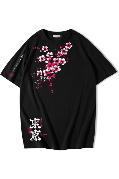 BRZ Collection Unisex Oversize Summer Tokyo Sakura T-shirt Siyah