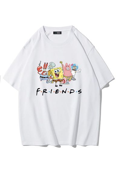 BRZ Collection Unisex Oversize Sunger Bob Friends T-shirt (BEYAZ)