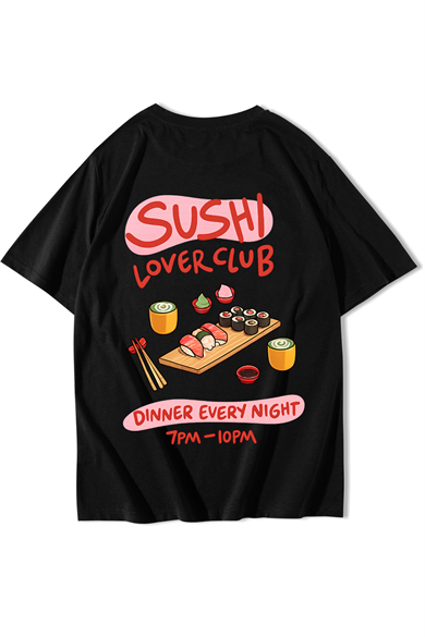 BRZ Collection Unisex Oversize Sushi Lover Club T-shirt Siyah