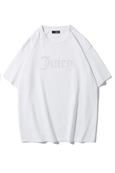 BRZ Collection Unisex Oversize Taş Baskılı Juicy T-shirt Beyaz