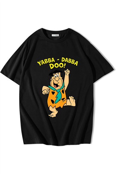 BRZ Collection Unisex Oversize Taş Devri Fred Çakmaktaş Yabba Dabba Doo T-shirt Siyah