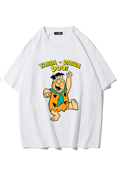 BRZ Collection Unisex Oversize Taş Devri Fred Çakmaktaş Yabba Dabba Doo T-shirt (BEYAZ)