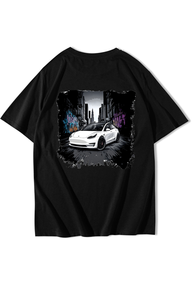 BRZ Collection Unisex Oversize Tesla Street T-shirt Siyah