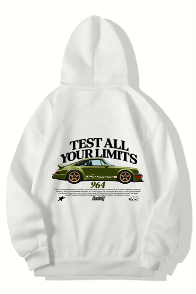 BRZ Collection Unisex Oversize Test Your Limits Carrera 964 Hoodie (BEYAZ)