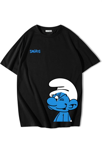 BRZ Collection Unisex Oversize The Smurfs (Şirinler) T-shirt Siyah