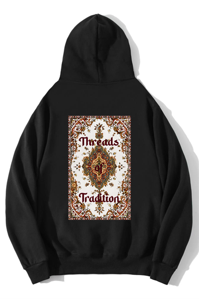 BRZ Collection Unisex Oversize Threads of Tradition Vintage Halı Motifli Hoodie Siyah