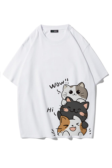 BRZ Collection Unisex Oversize Three Cute Cats  T-shirt (BEYAZ)
