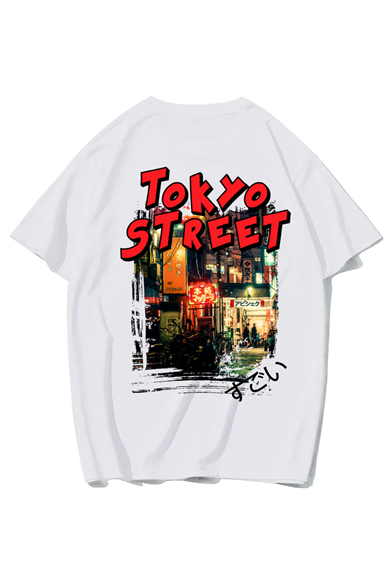 BRZ Collection Unisex Oversize Tokyo Street T-shirt (BEYAZ)