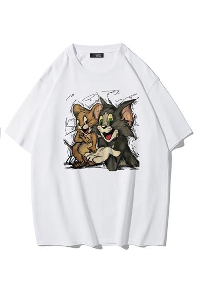 BRZ Collection Unisex Oversize Tom ve Jerry T-shirt Beyaz