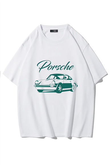 BRZ Collection Unisex Oversize Vintage Porsche T-shirt (BEYAZ)