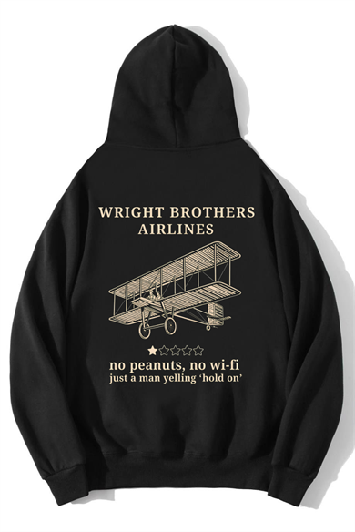 BRZ Collection Unisex Oversize Wright Brothers Airlines Hoodie Siyah