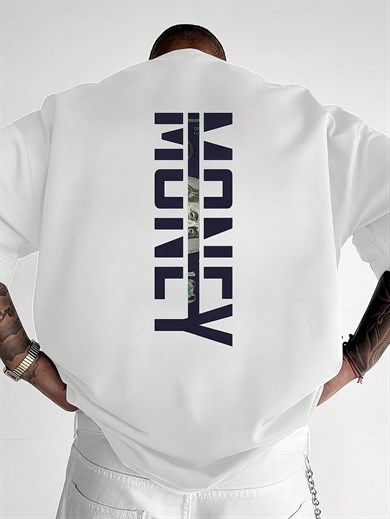 BRZ Collection Unisex Oversize Yan Baskılı Money T-shirt (BEYAZ)