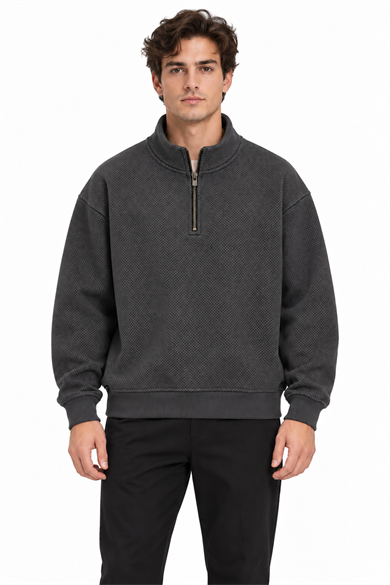 BRZ Collection Unisex Oversize Yarım Fermuarlı Dik Yaka Desenli Oversize Sweatshirt – (Antrasit)