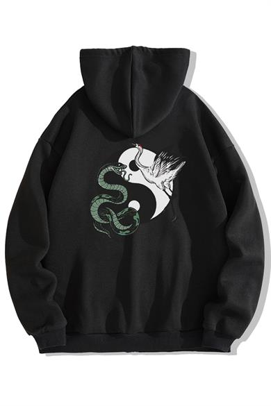 BRZ Collection Unisex Oversize Ying Yang Snake And Crane Fermuarlı Hoodie