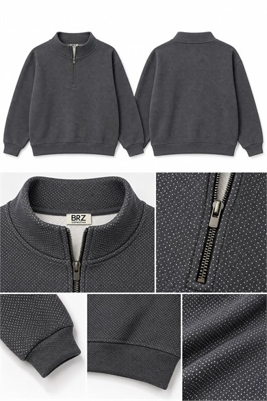 BRZ Collection Unisex Oversize Yarım Fermuarlı Dik Yaka Desenli Oversize Sweatshirt – (Antrasit)