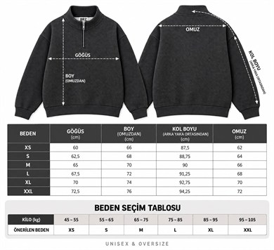 BRZ Collection Unisex Oversize Yarım Fermuarlı Dik Yaka Desenli Oversize Sweatshirt – (Antrasit)