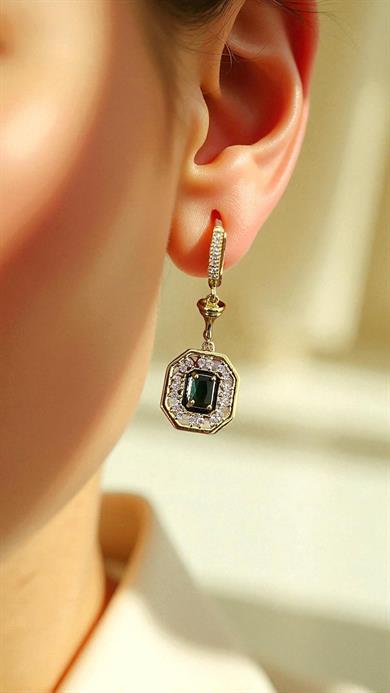 BRZ Collection Vintage Zümrüt Yeşili Taşlı Küpe – Altın Renk Sallantılı, Kristal Detaylı | Art Deco Tarz Kadın Takı