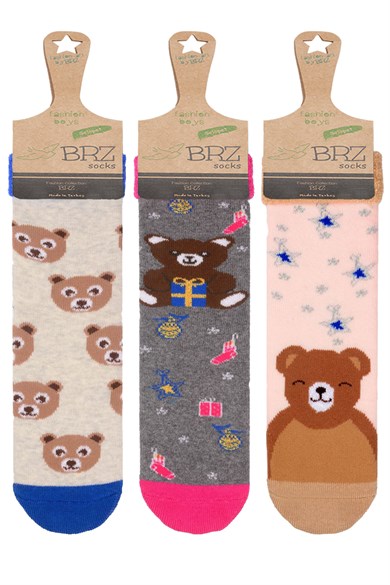 BRZ Kids Ayı Desen Havlu Tabanaltı Baskılı Kız Çocuk Çorabı 3lü Set