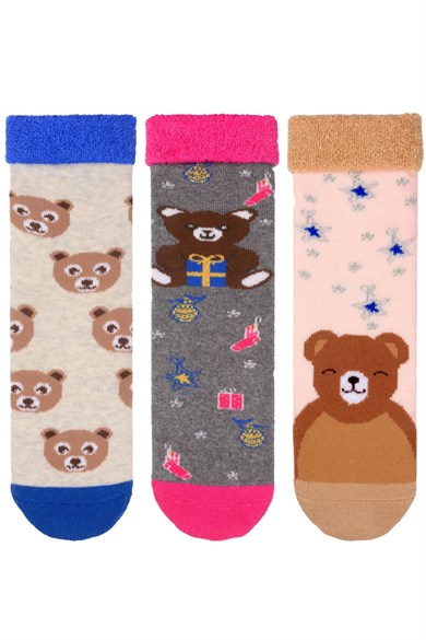 BRZ Kids Ayı Desen Havlu Tabanaltı Baskılı Kız Çocuk Çorabı 3lü Set