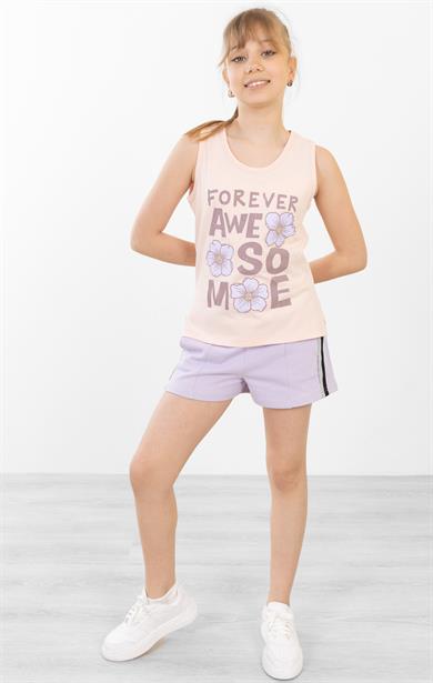 BRZ Kids Baskılı Yırtmaçlı Kız Çocuk Sıfır Kol T-shirt