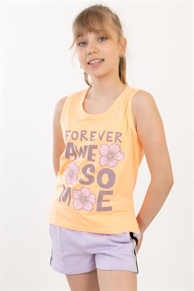 BRZ Kids Baskılı Yırtmaçlı Kız Çocuk Sıfır Kol T-shirt
