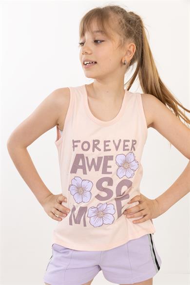 BRZ Kids Baskılı Yırtmaçlı Kız Çocuk Sıfır Kol T-shirt