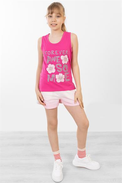 BRZ Kids Baskılı Yırtmaçlı Kız Çocuk Sıfır Kol T-shirt